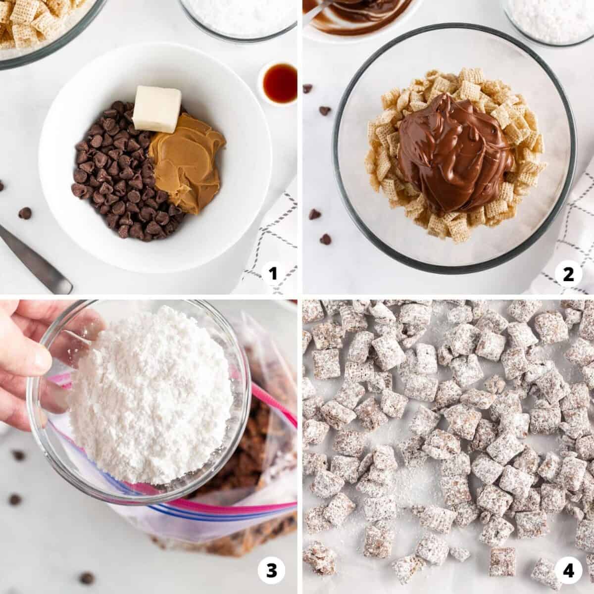Step by step collage showing how to make muddy buddies.