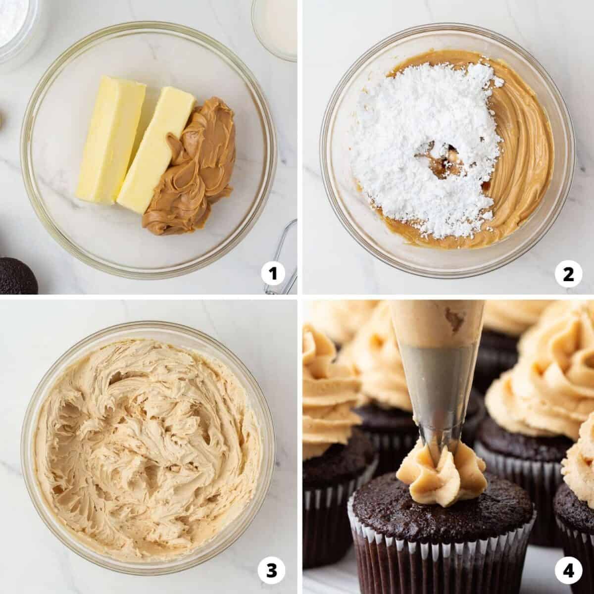 Step by step collage making peanut butter frosting.