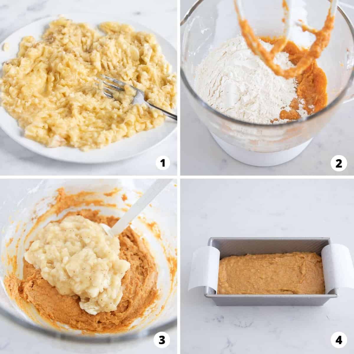 The process of showing how to make pumpkin banana bread.