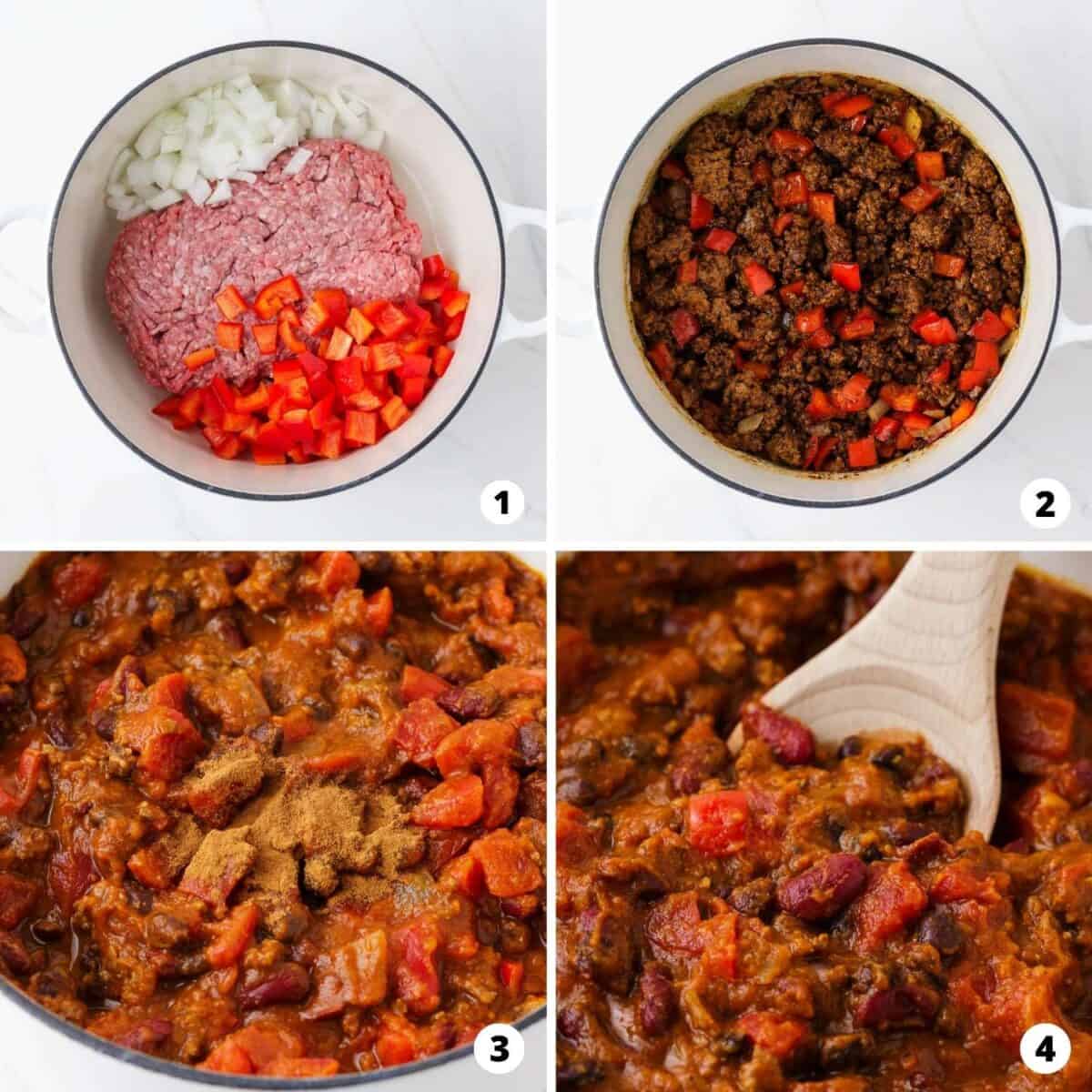 The process of making pumpkin chili in a four step photo collage.