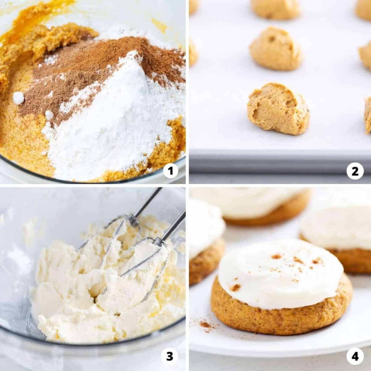 The process of making pumpkin cookies in a four step photo collage.