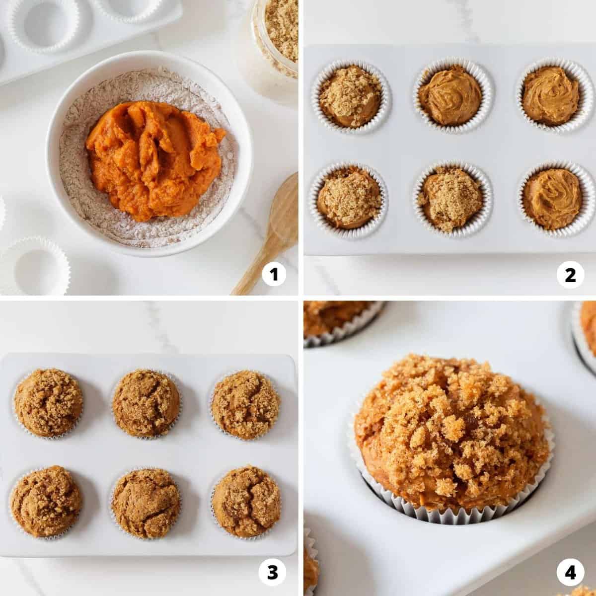 Step by step collage showing how to make pumpkin muffins with cake mix.