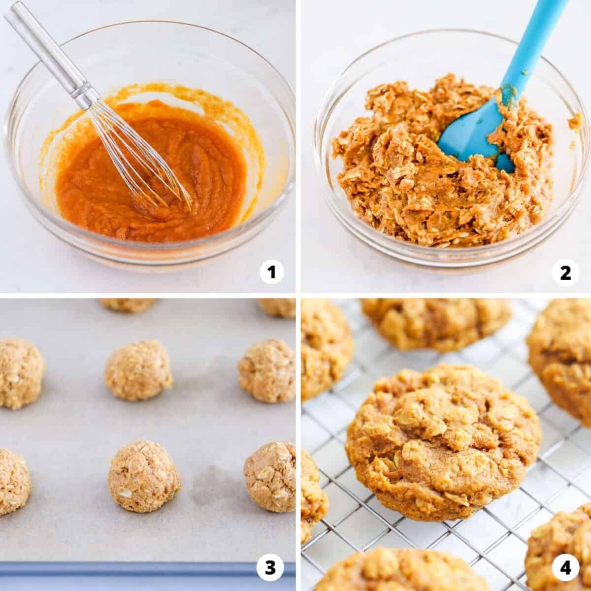 The process of showing how to make pumpkin oatmeal cookies in a 4 step collage.