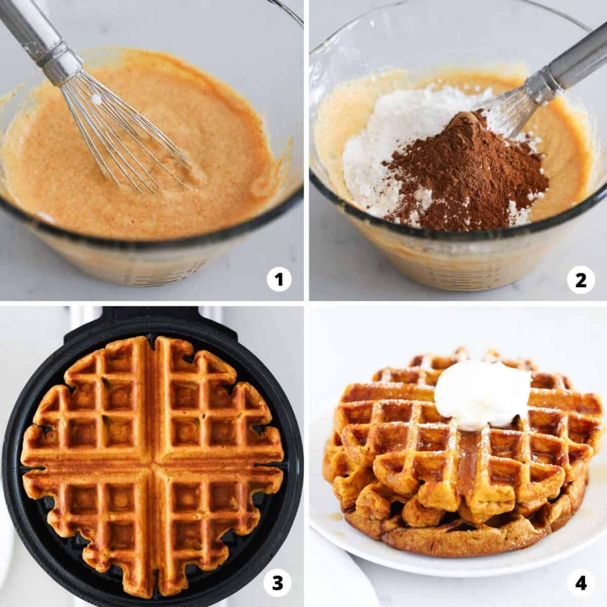 Step by step collage showing how to make pumpkin waffles.