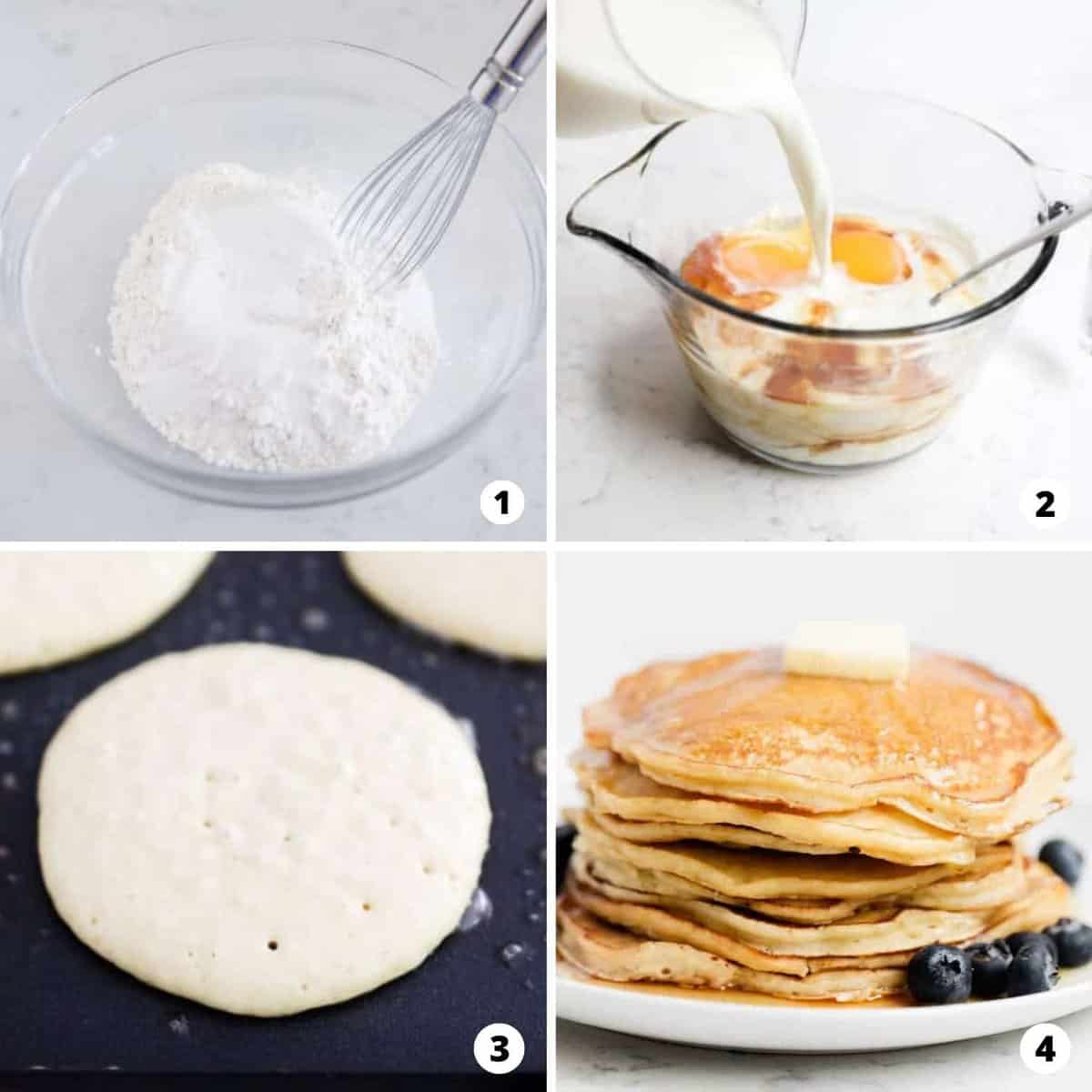 The process of making ricotta pancakes in a four step photo collage.