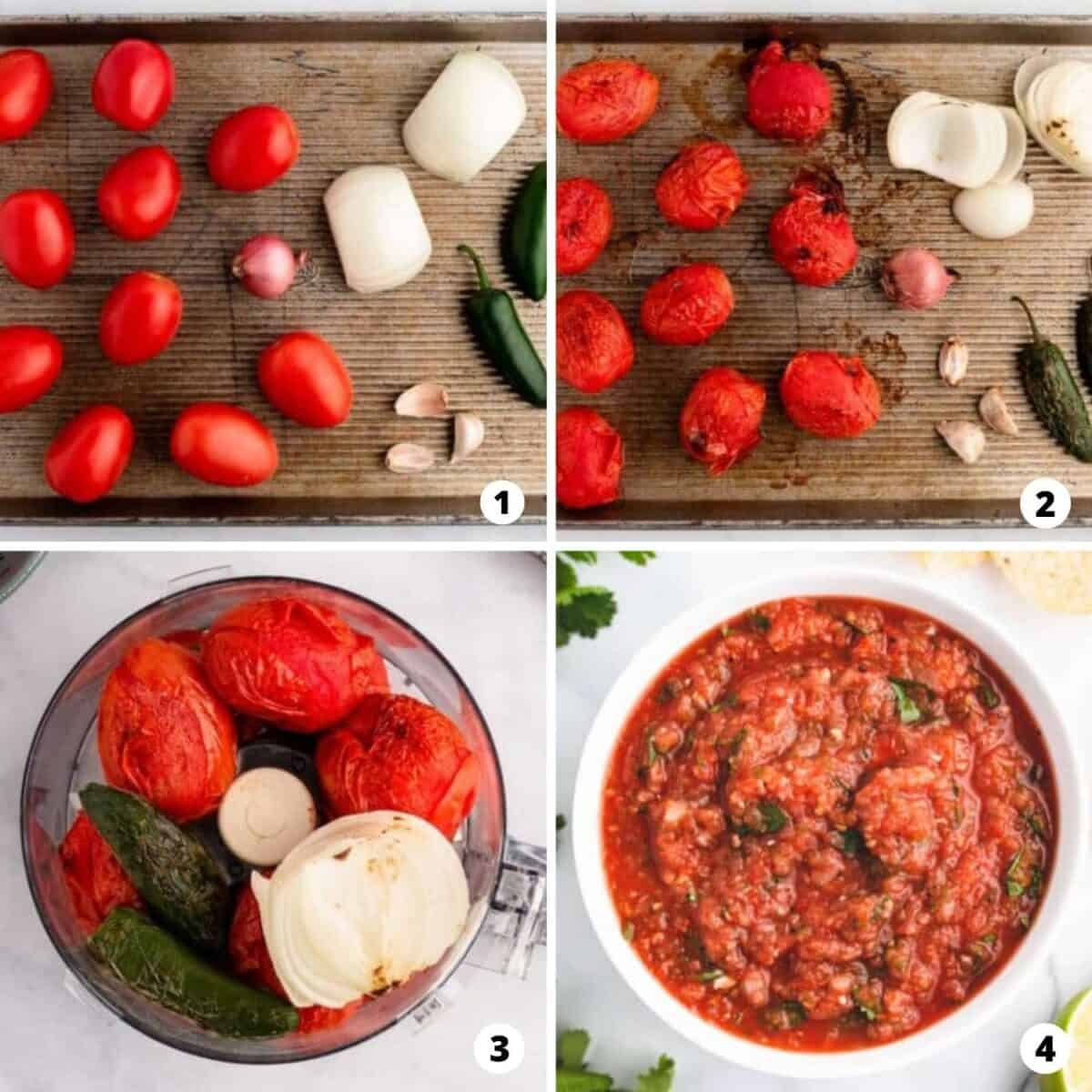 The process of making roasted salsa in a four step photo collage.