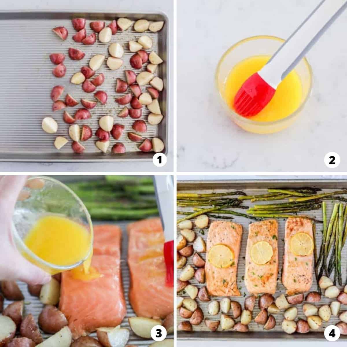The process of making sheet pan salmon dinner in a four step process collage.