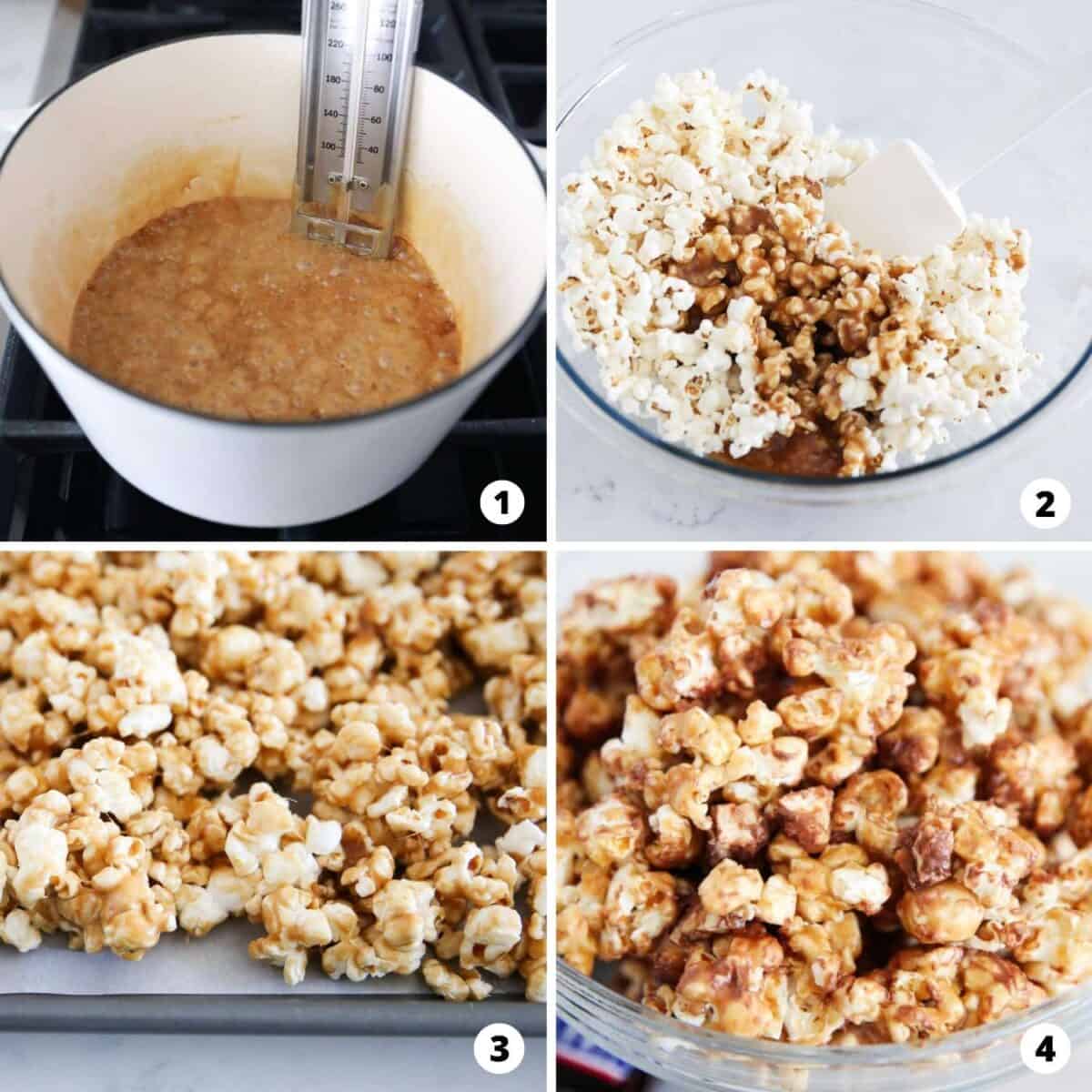 The process of making snickers popcorn in a four step photo collage.