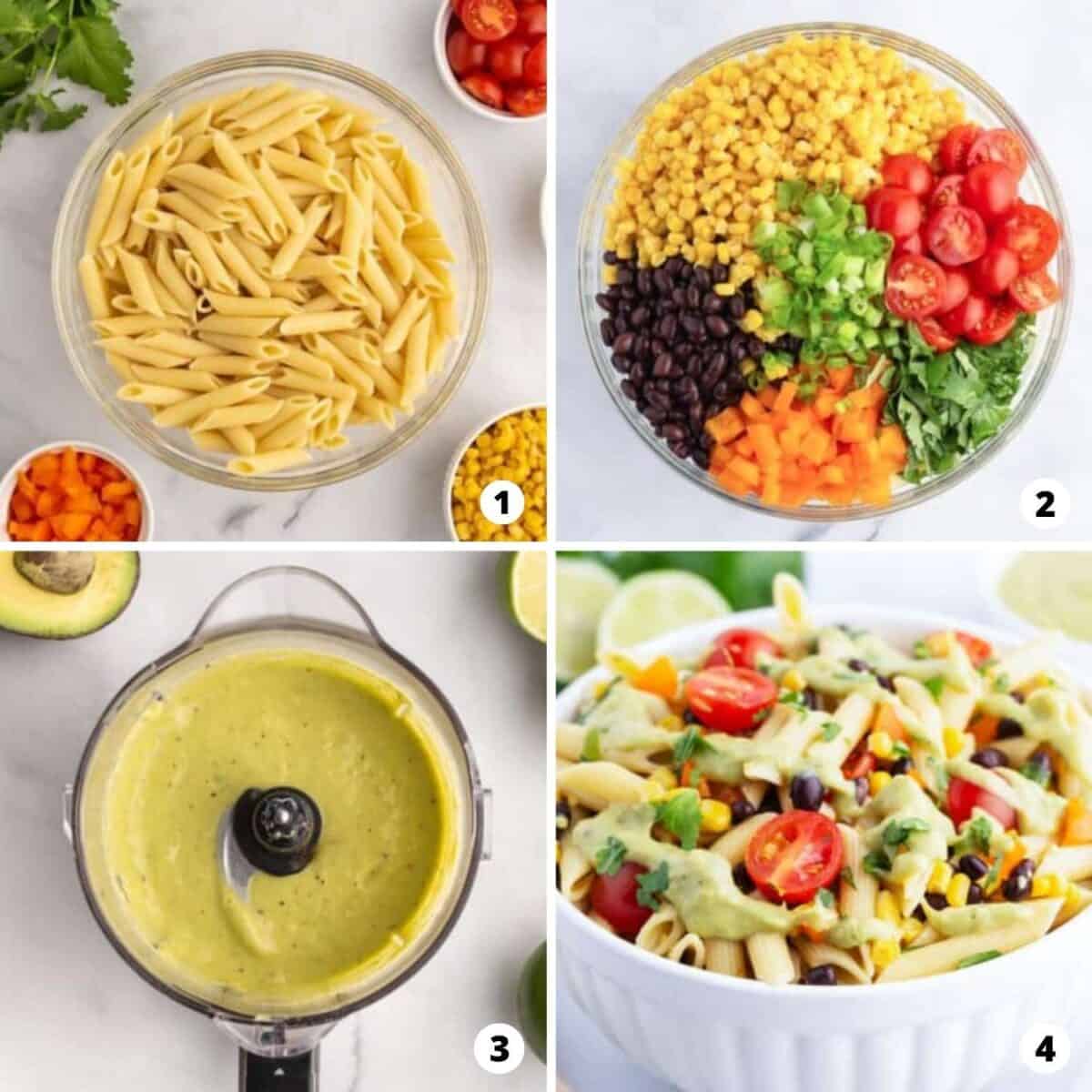 The process of making southwest pasta salad in a four step photo collage.