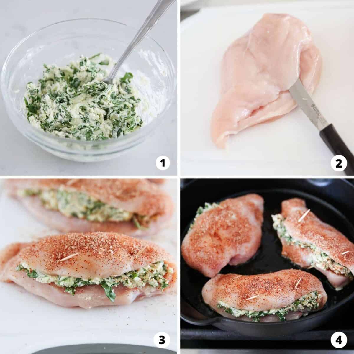 The process of showing how to make spinach stuffed chicken in a 4 step collage.