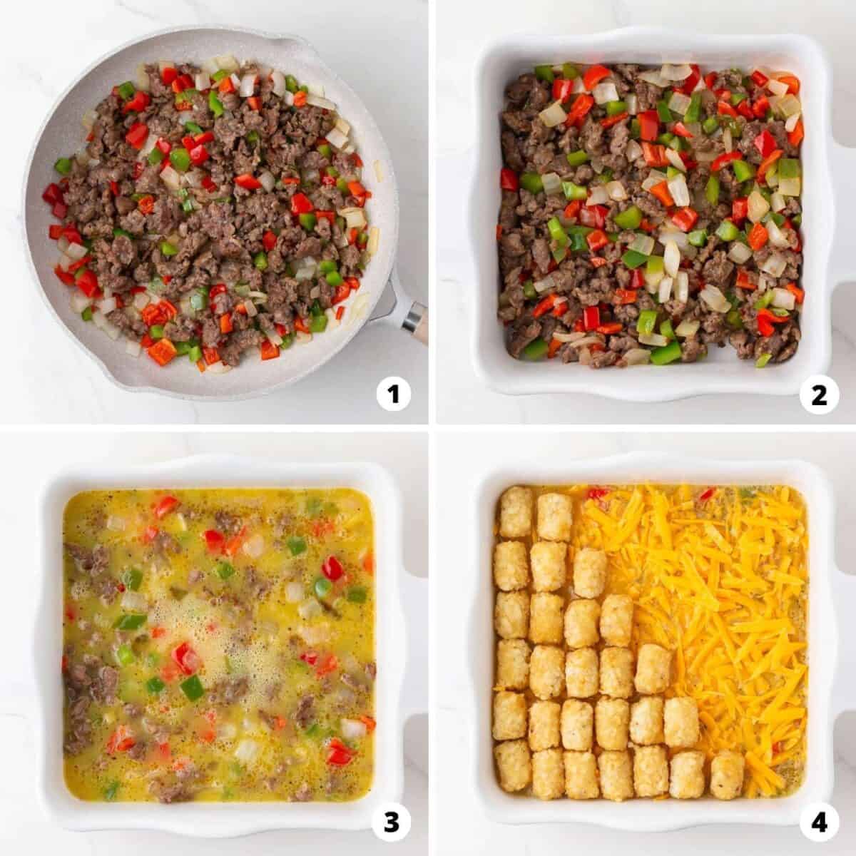 Step by step collage showing how to make tater tot breakfast casserole.