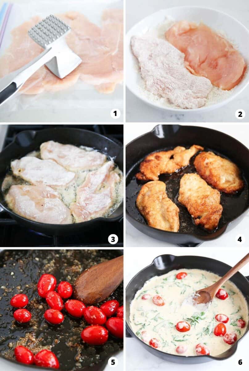 6 step collage showing how to make chicken florentine.