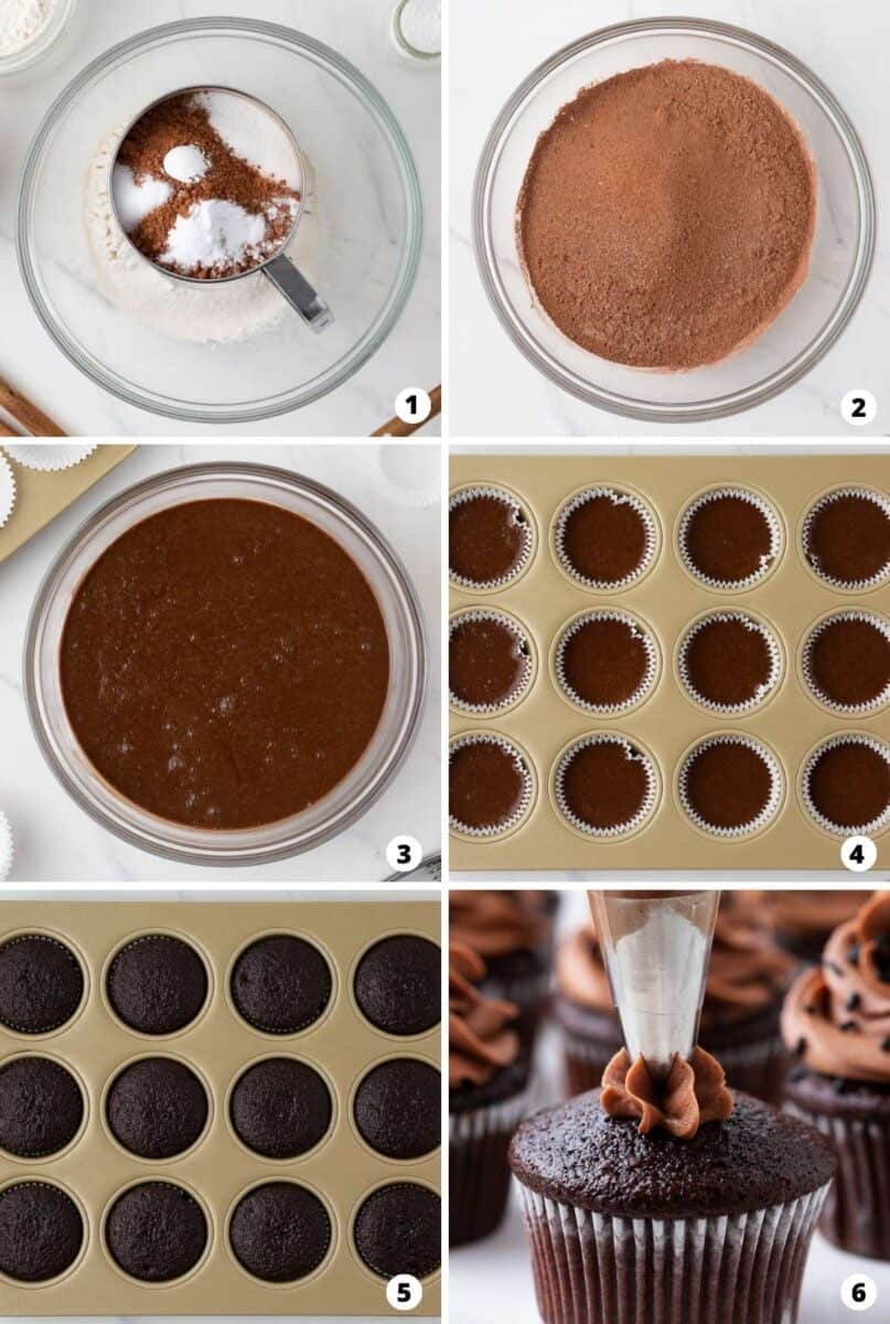 Step by step collage making chocolate cupcakes from scratch..