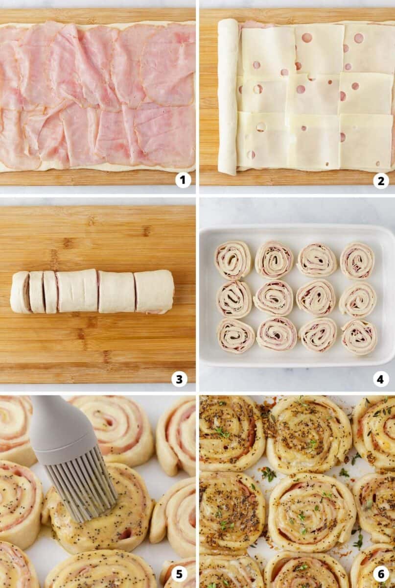 The process of making ham and cheese pinwheels in a six step photo collage.