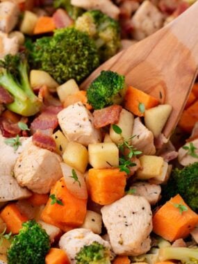 Spoonful of chicken and apples.