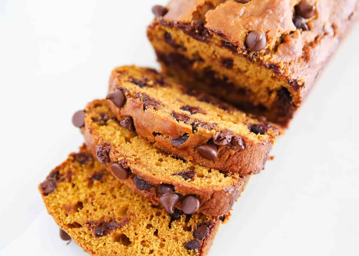 Sliced chocolate chip pumpkin bread on plate.