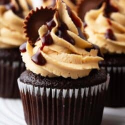 Chocolate peanut butter frosting on a white plate.