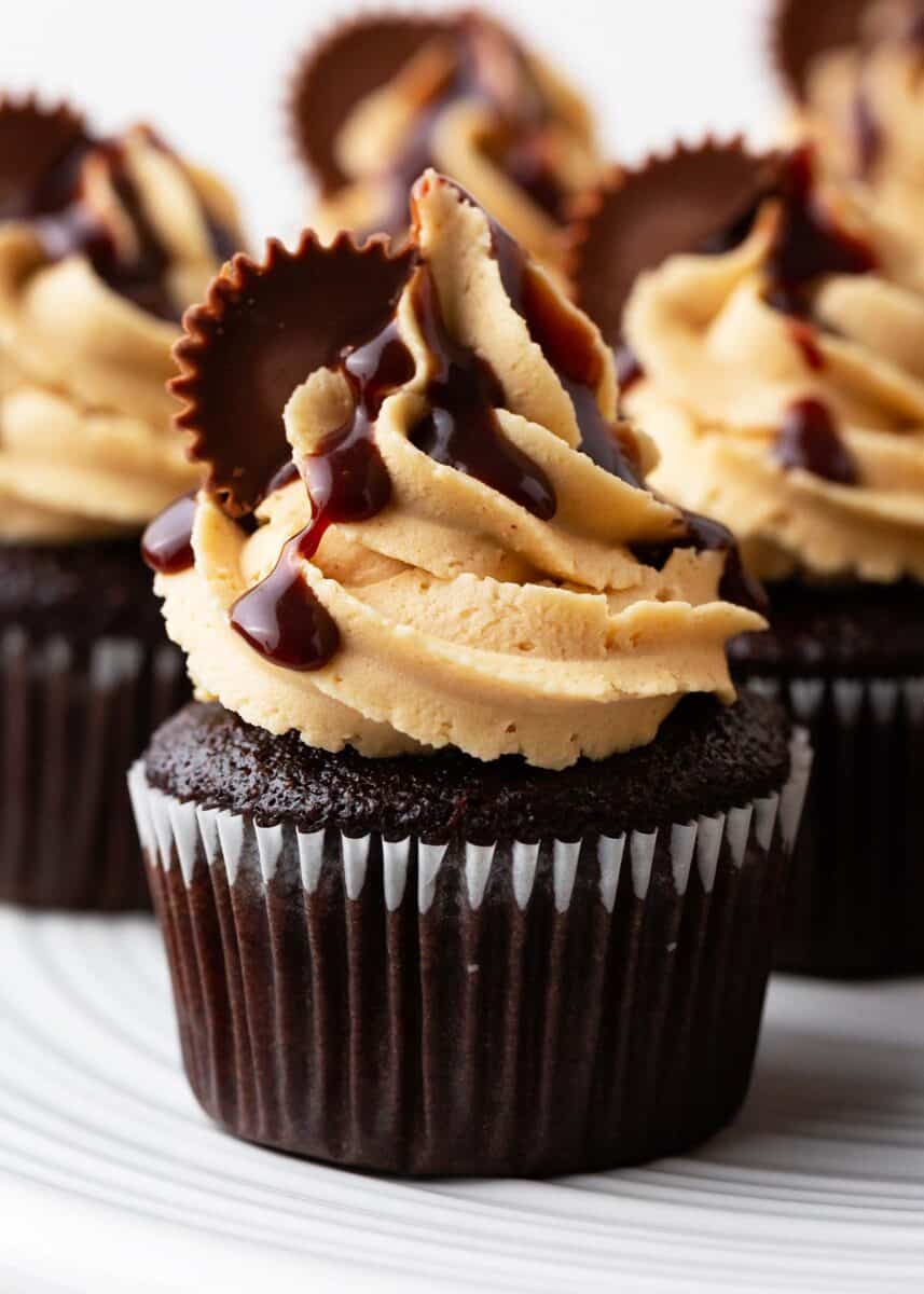 Chocolate peanut butter frosting on a white plate.
