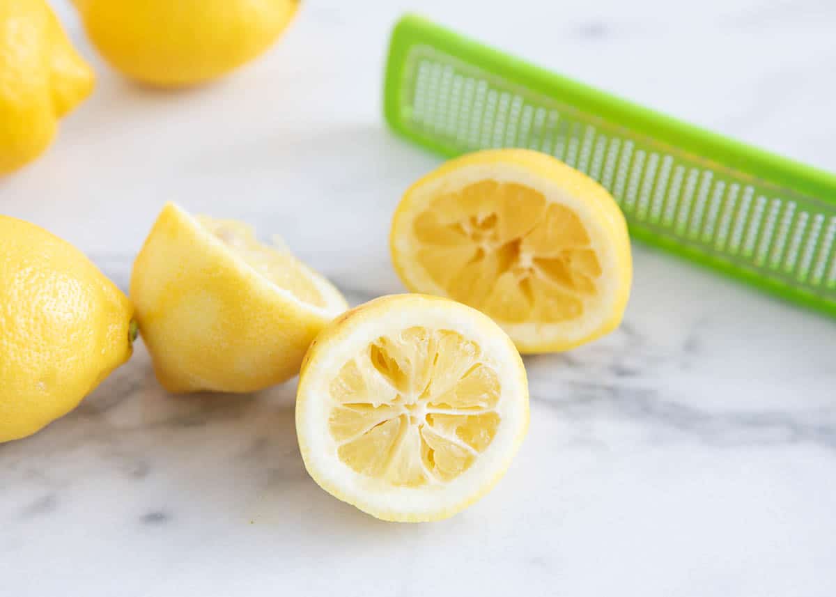 Zested lemons on countertop.