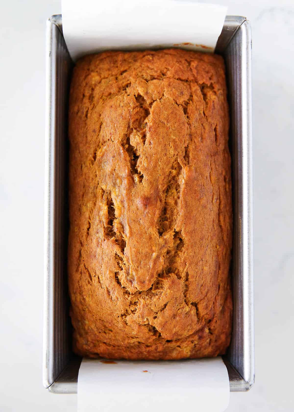 Pumpkin banana bread in a loaf pan. 