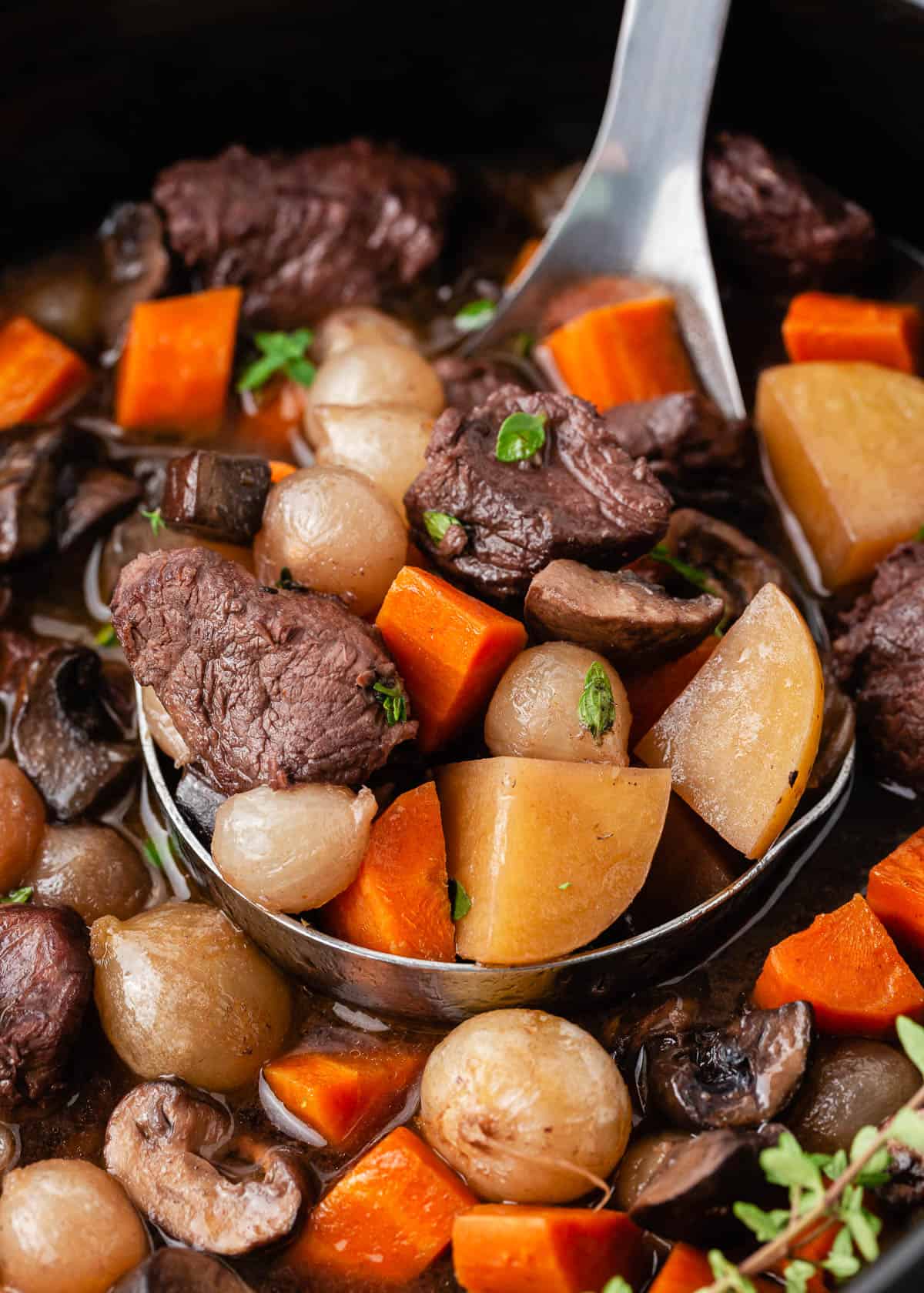 Ladle full of beef bourguignon in a slow cooker.