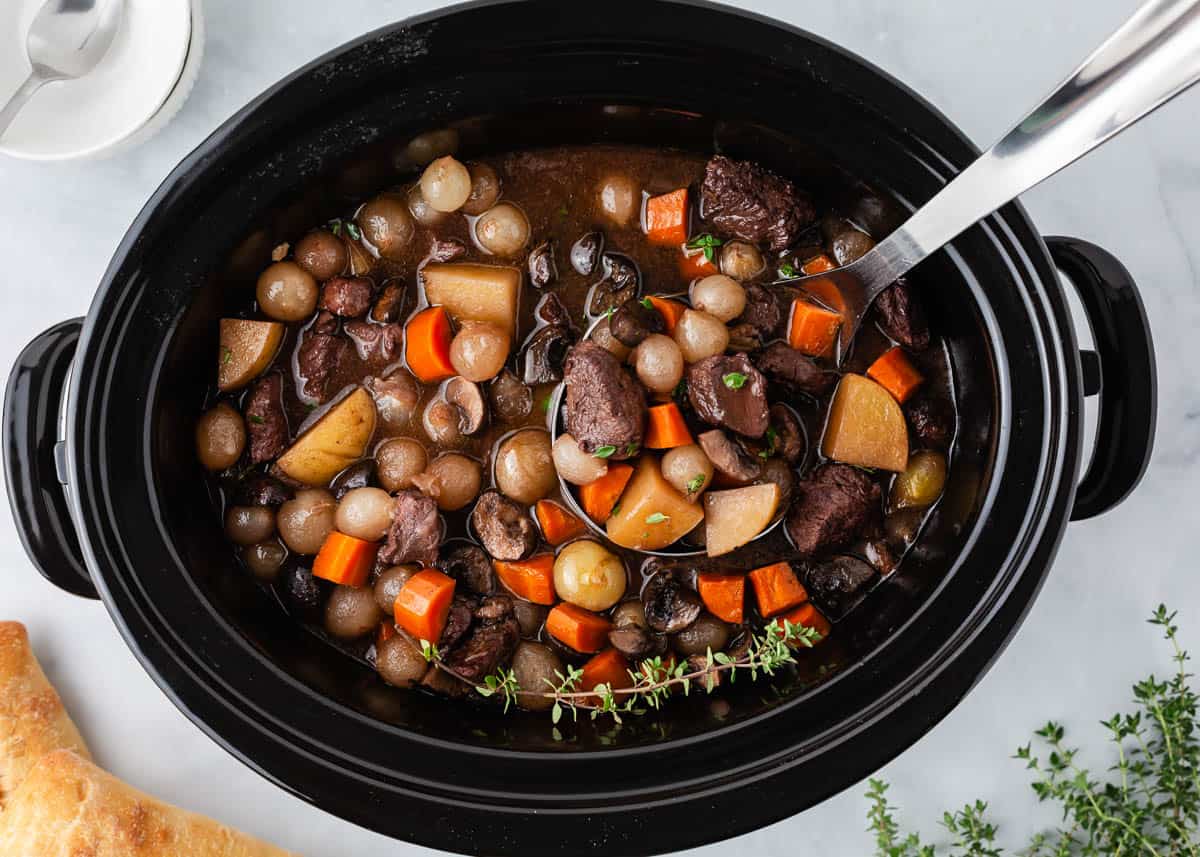 Beef bourguignon cooked in a slow cooker.