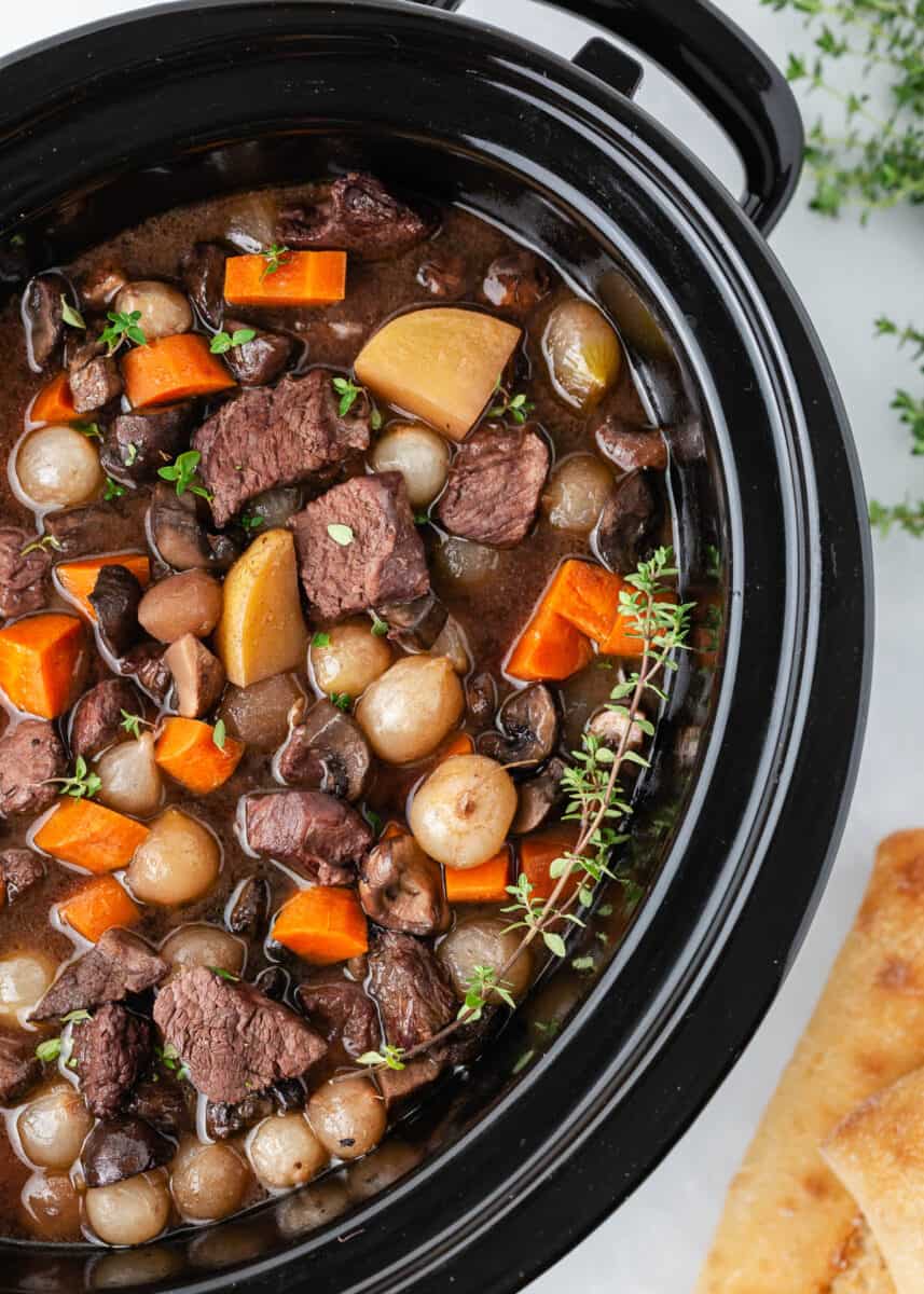 Beef bourguignon in a slow cooker.
