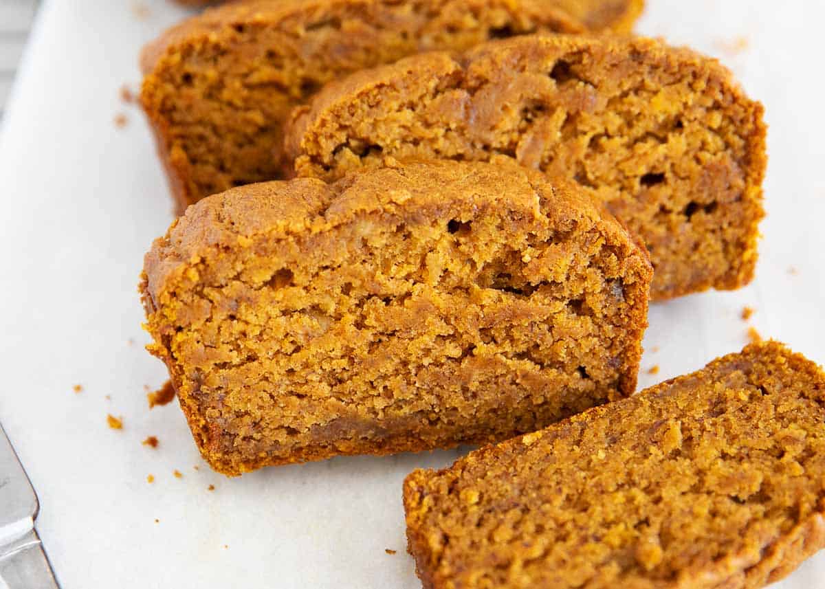 Sliced pumpkin banana bred on parchment paper.