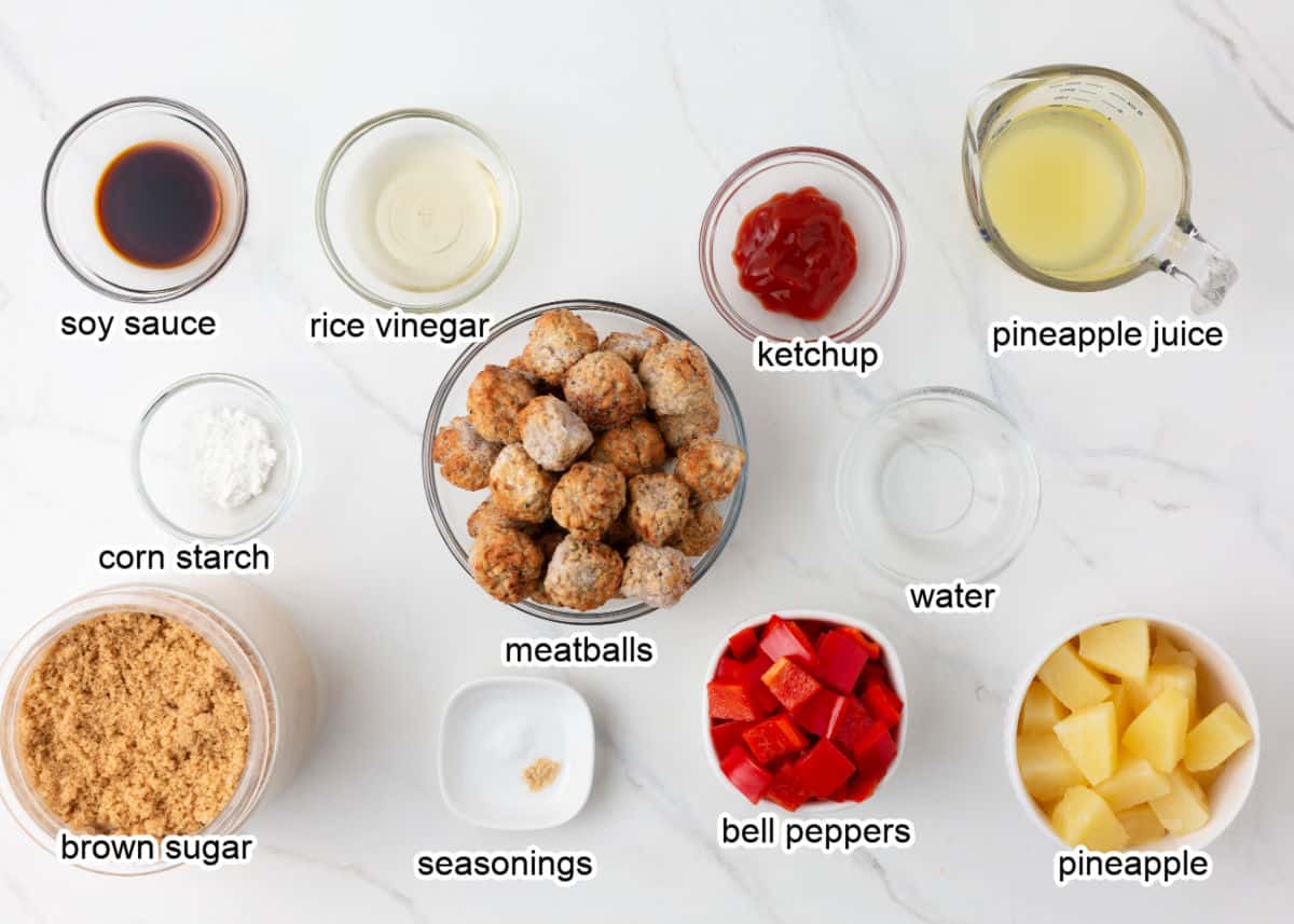 Sweet and sour meatball ingredients on a countertop.