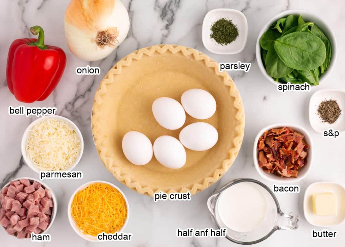 Breakfast pie ingredients on countertop.