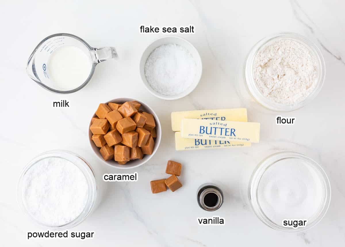 Caramel butter bar ingredients on marble counter.