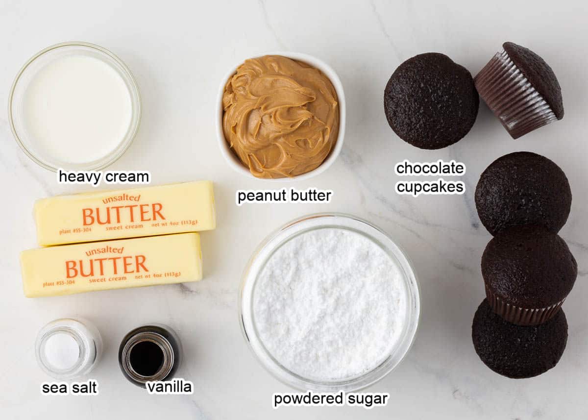 Chocolate peanut butter cupcakes ingredients on counter.