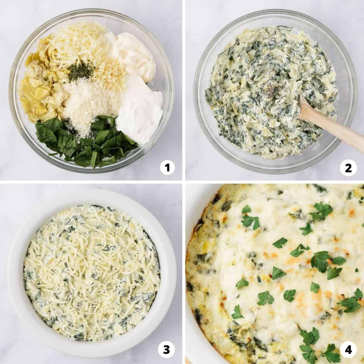 Showing how to make spinach artichoke dip in a 4 step collage.