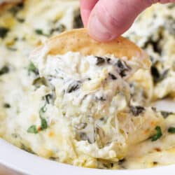 Spinach artichoke dip on a tortilla chip.