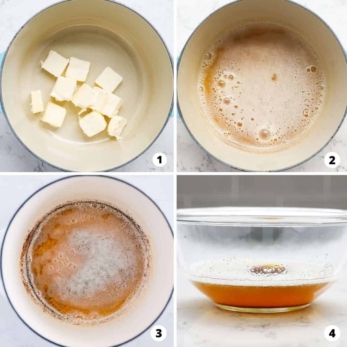 Showing how to brown butter in a 4 step collage.