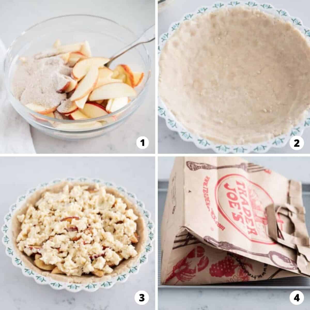 The process of making brown bag apple pie in a four step photo collage.
