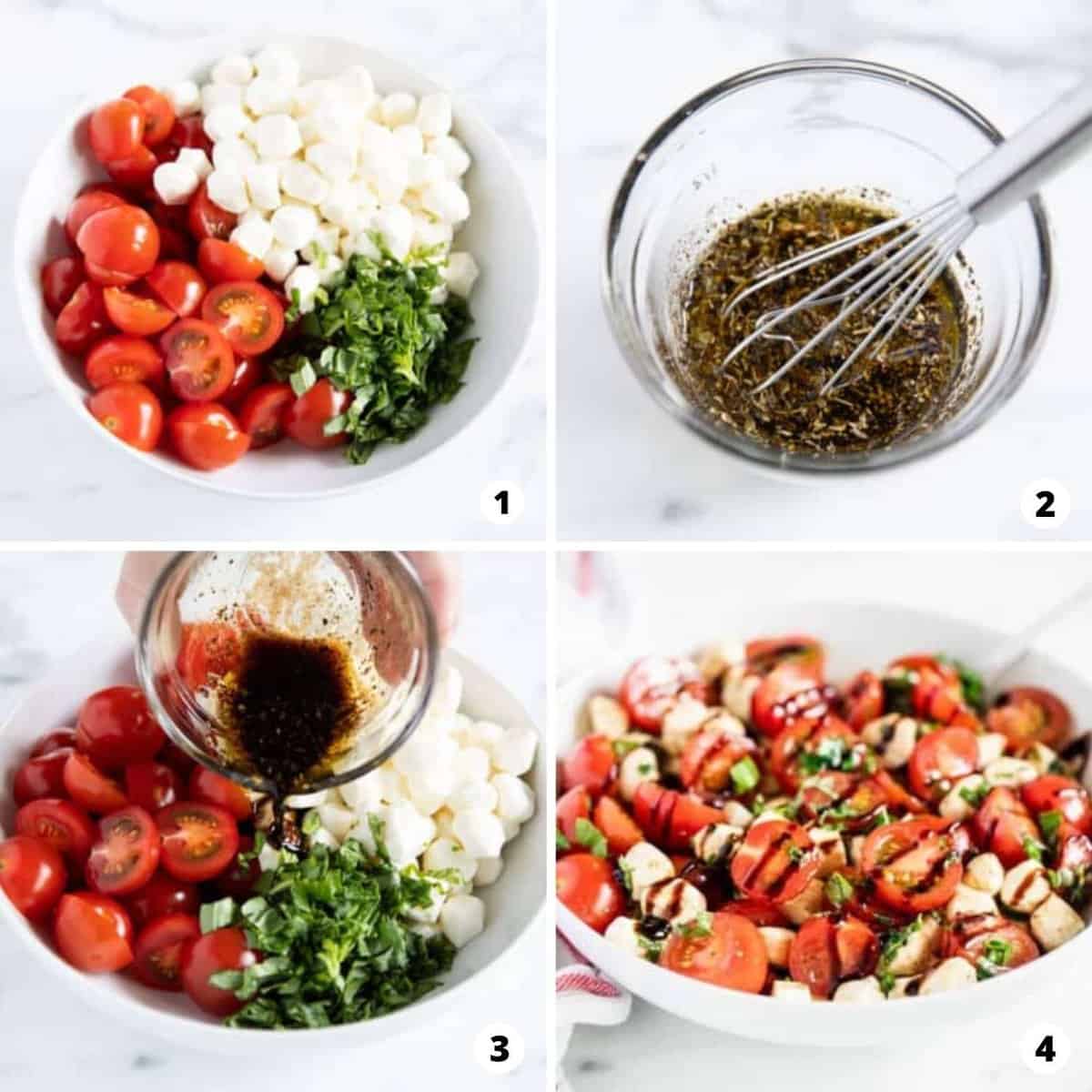 The process of making caprese salad in a four step photo collage.