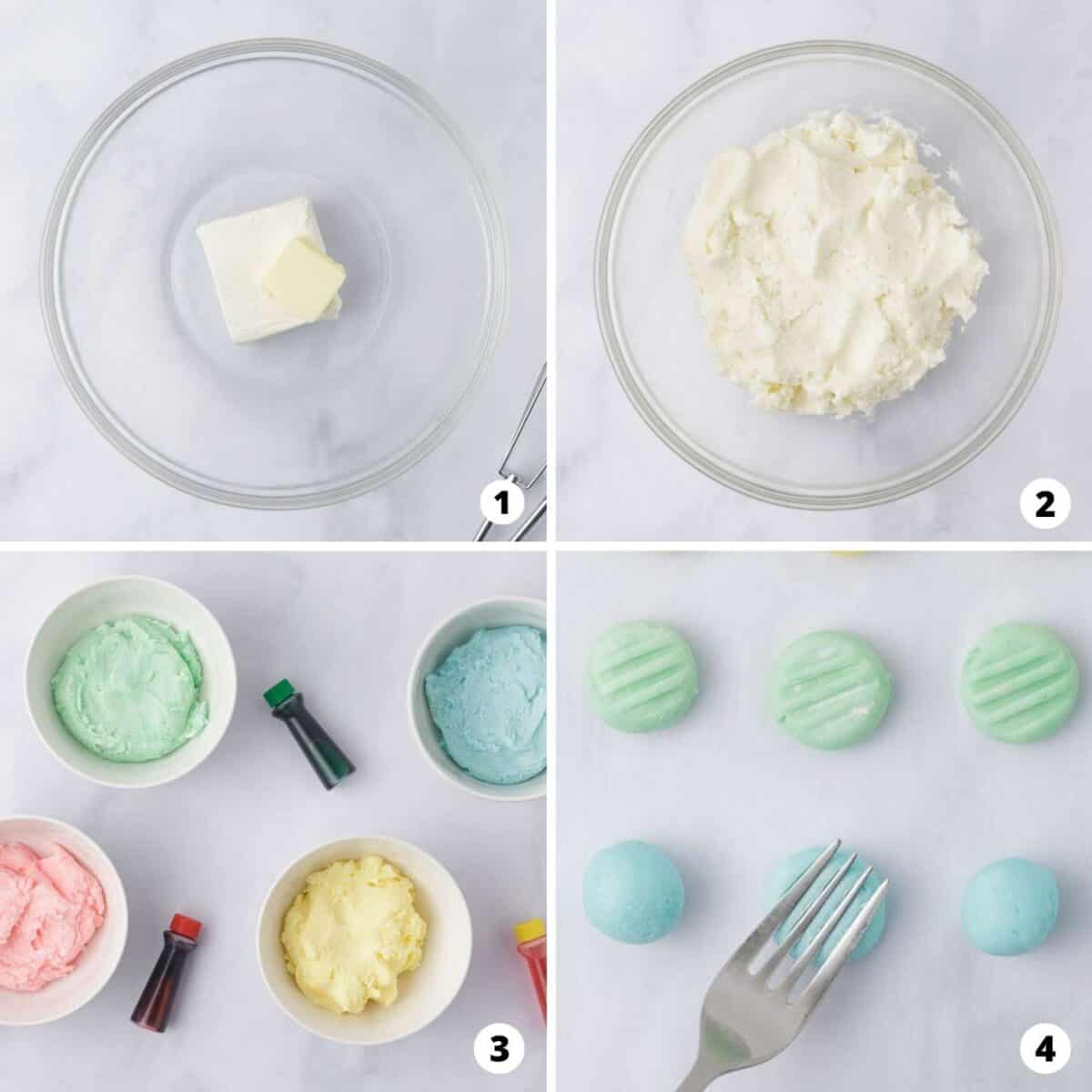 Showing how to make cream cheese mints in a 4 step collage.