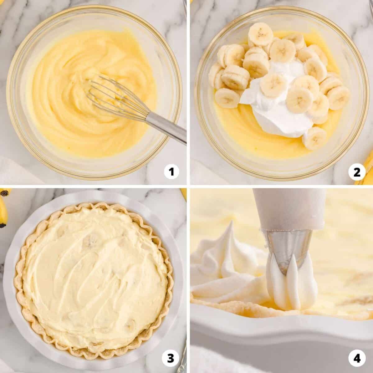 Showing how to make banana cream pie in a 4 step collage.