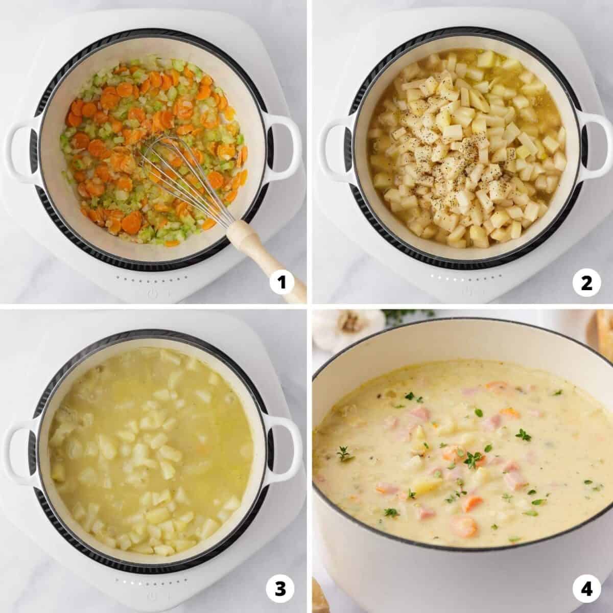 Showing how to make ham and potato soup in a 4 step collage.