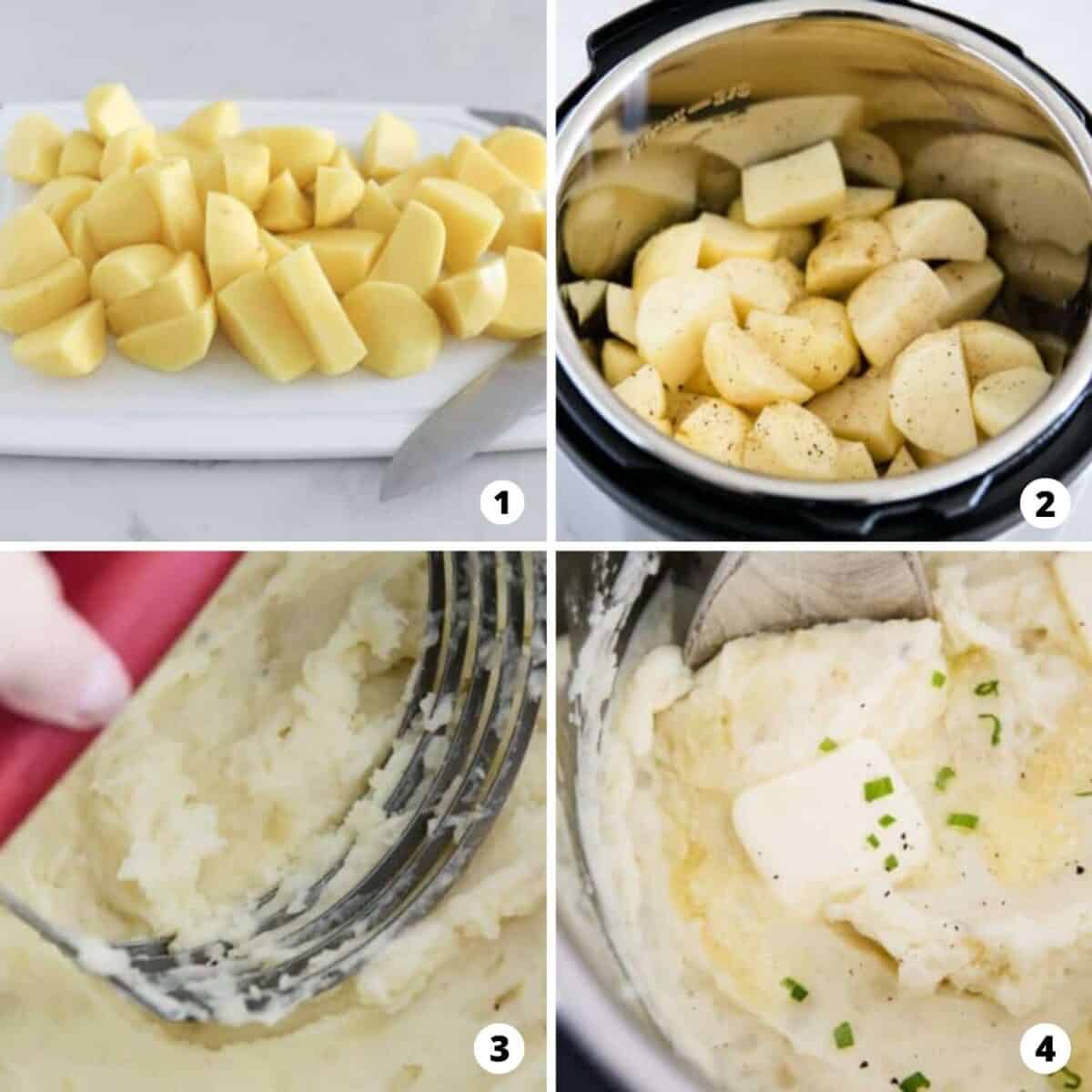The process of making mashed potatoes in a four step photo collage.