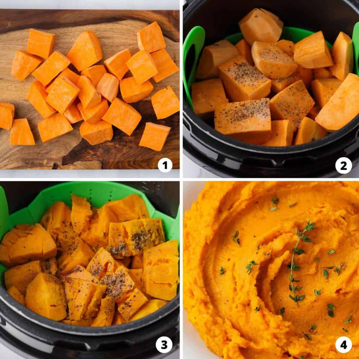The process of how to make instant pot sweet potatoes in a 4 step collage.