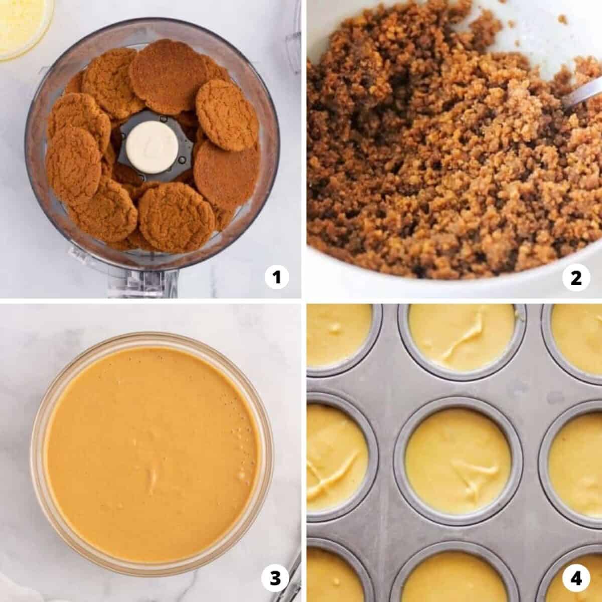 The process of making mini pumpkin cheesecake in a four step photo collage.