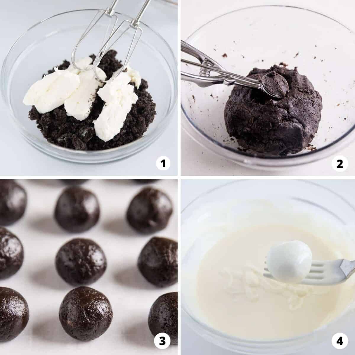 Process showing how to oreo balls in a four step collage.