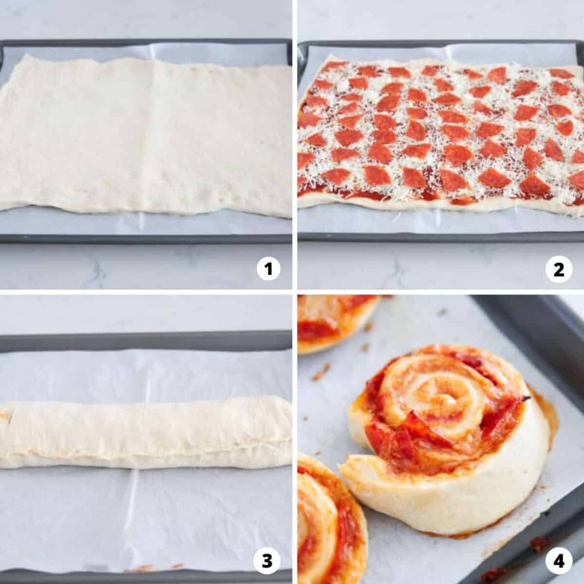 The process of making pizza pinwheels in a four step photo collage.