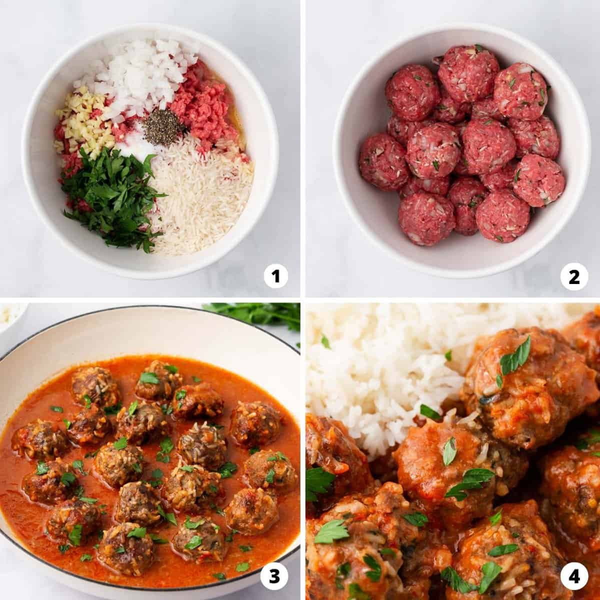 The process of how to make porcupine meatballs in a 4 step collage.