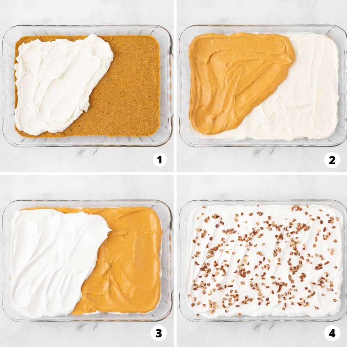 The process of how to make a pumpkin lasagna in a 4 step collage.