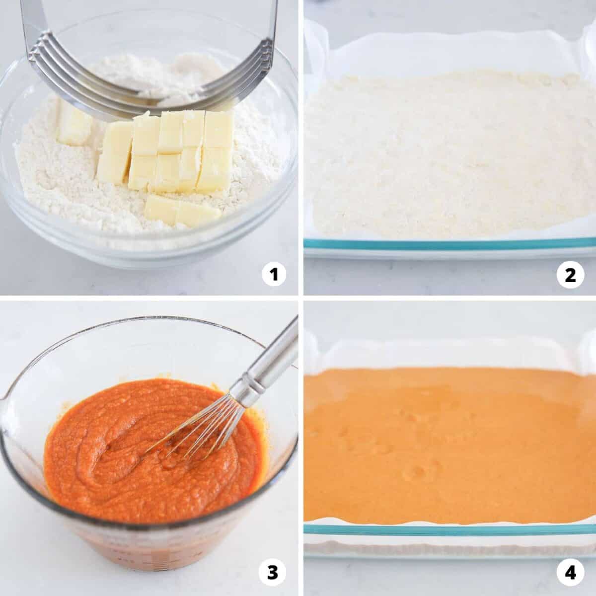 The process of how to make pumpkin pie bars in a 4 step collage.