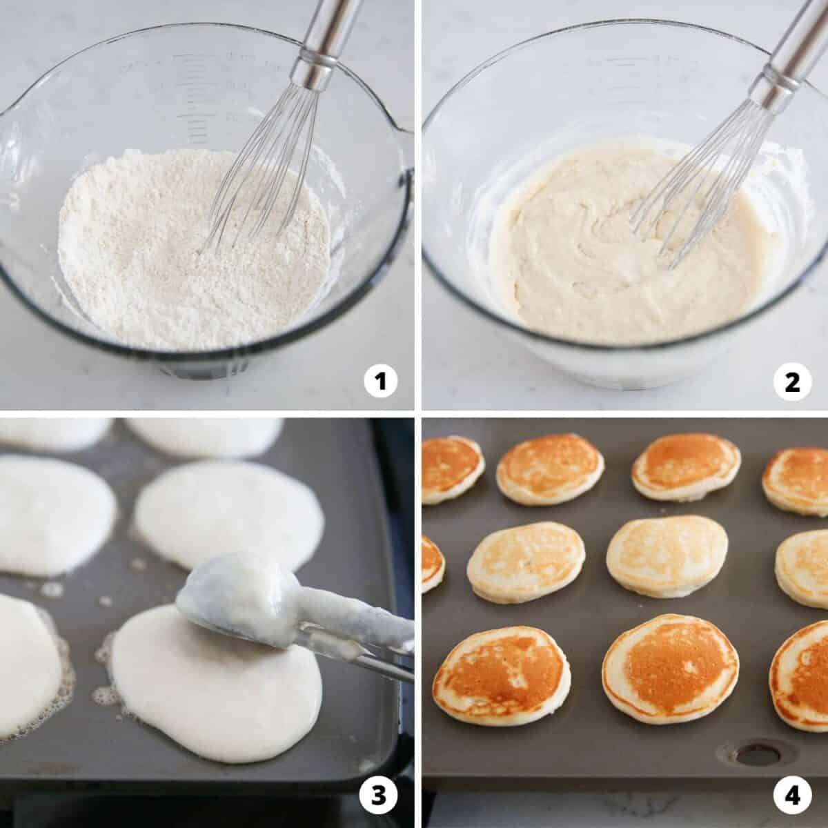 The process of making silver dollar pancakes in a 4 step collage.