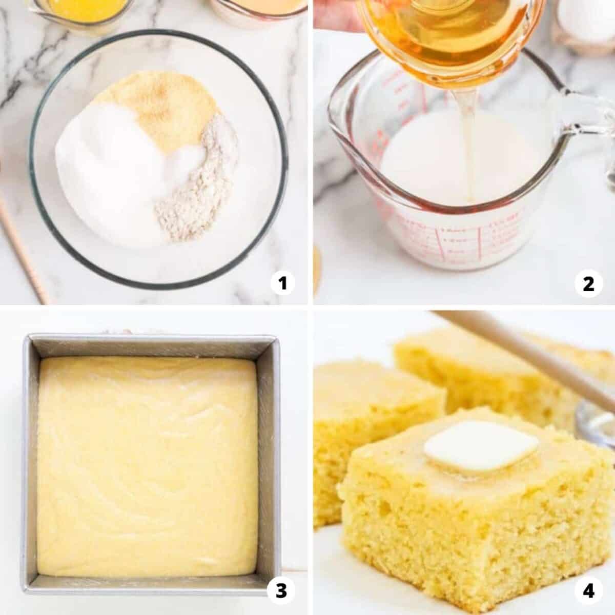 The process of making cornbread in a four step photo collage.